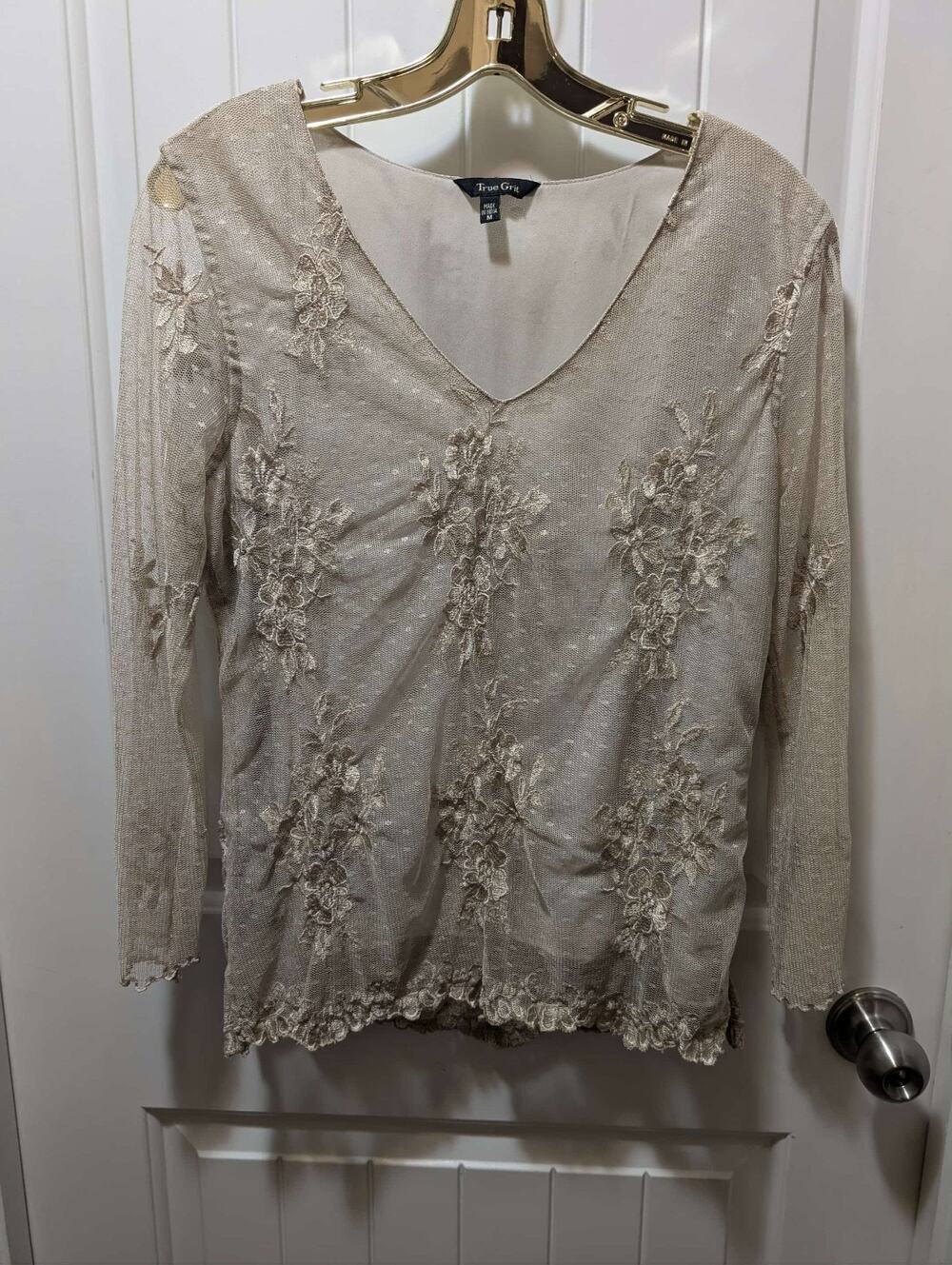 True Grit Western Rodeo Cowgirl Boho Women's Cream Lace Embroidered Top sz M